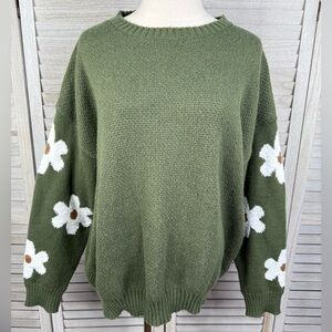 SHEIN (Curve) Women's Plus Size Green Floral Crewneck Sweater Olive/White-2XL